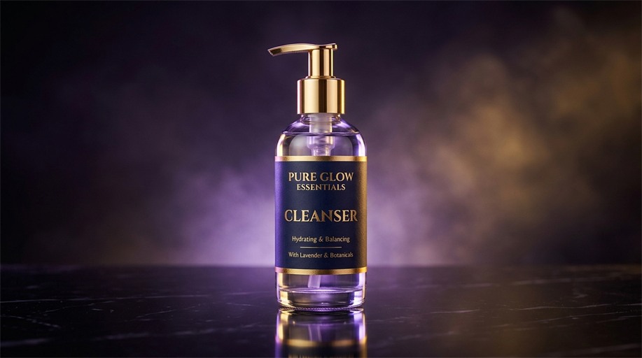 Pure Glow cleanser bottle on a lit backdrop