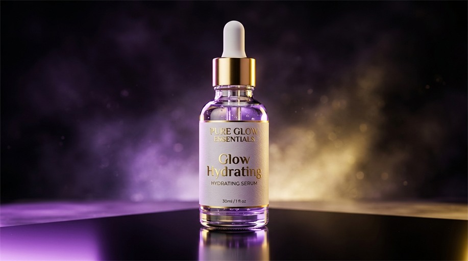 Pure Glow hydrating serum bottle on a lit backdrop
