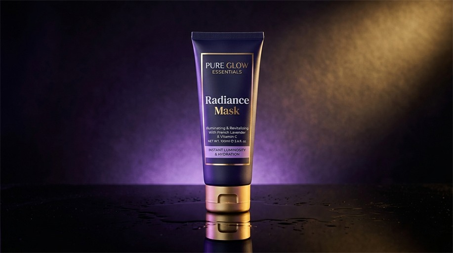 Pure Glow radiance mask tub on a lit backdrop
